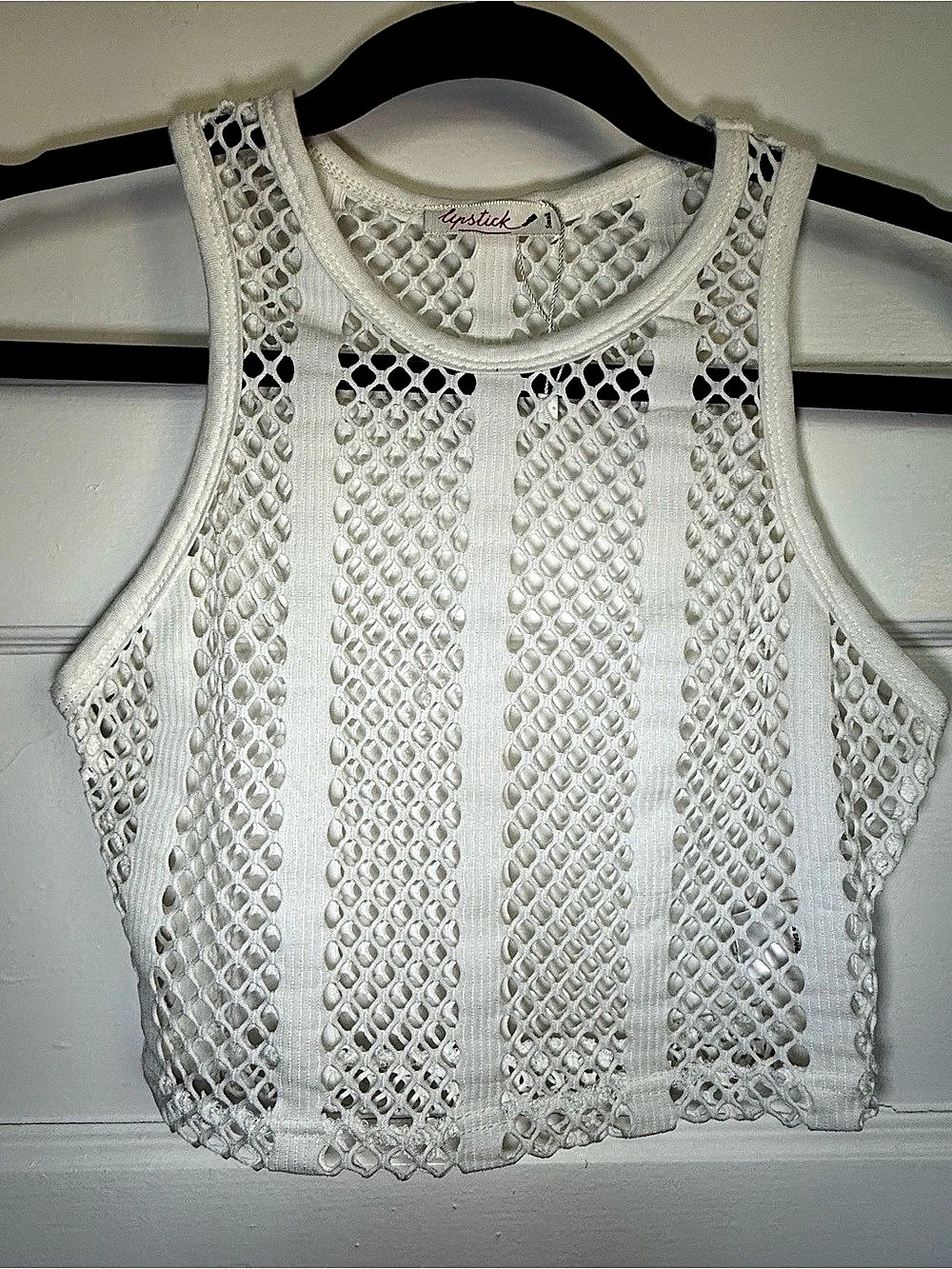 Lipstick Open Knit High Neck Mesh Crop Tank Top Y2K Festival Grunge White Small